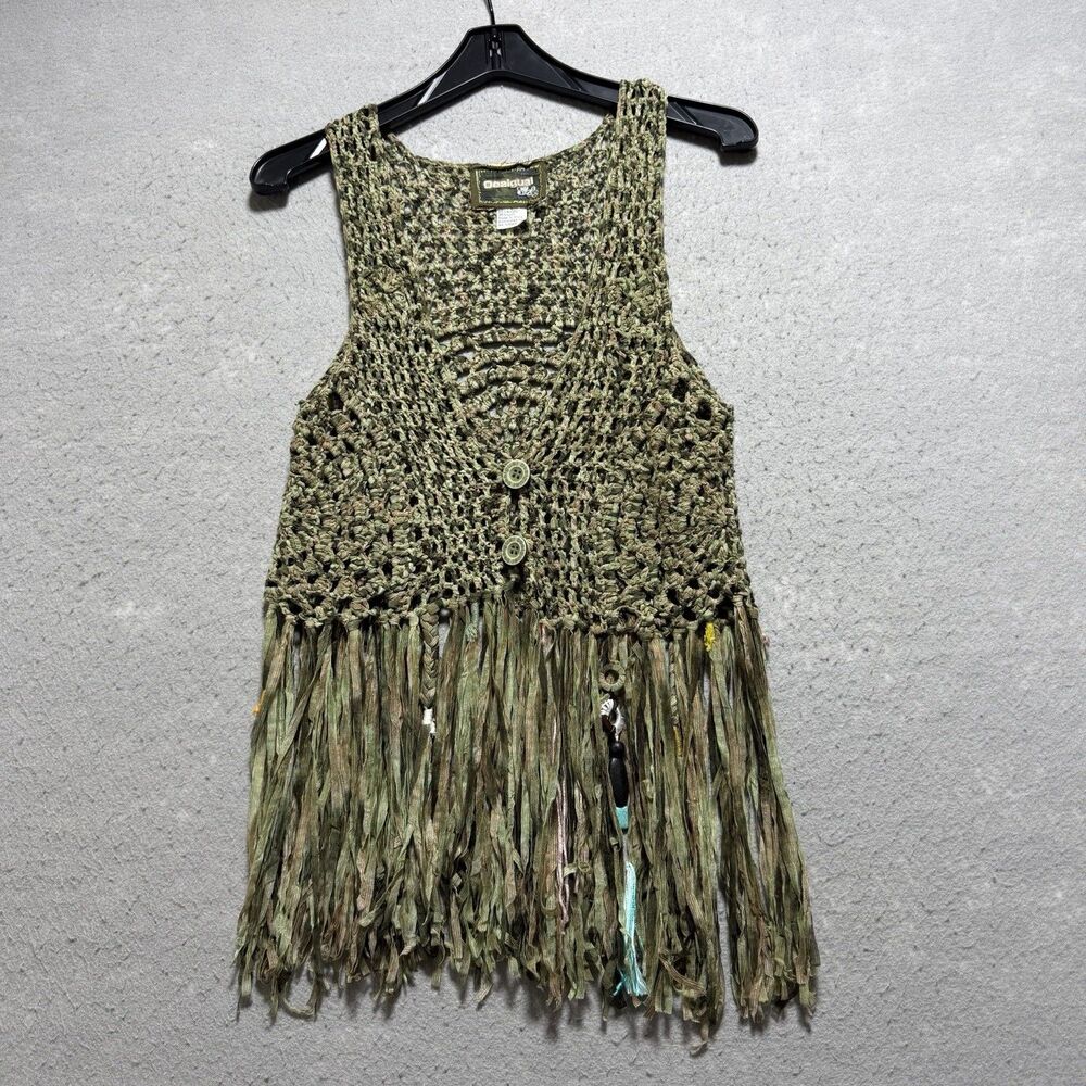 Desigual Crochet Knitted Top Women’s Large L Olive Green Waistcoat Fringed